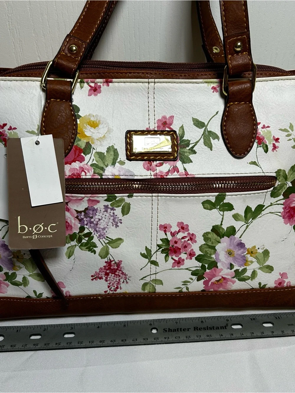 b.o.c. Born Concept Floral Satchel Handbag White Faux Leather Brown Trim 12.5”